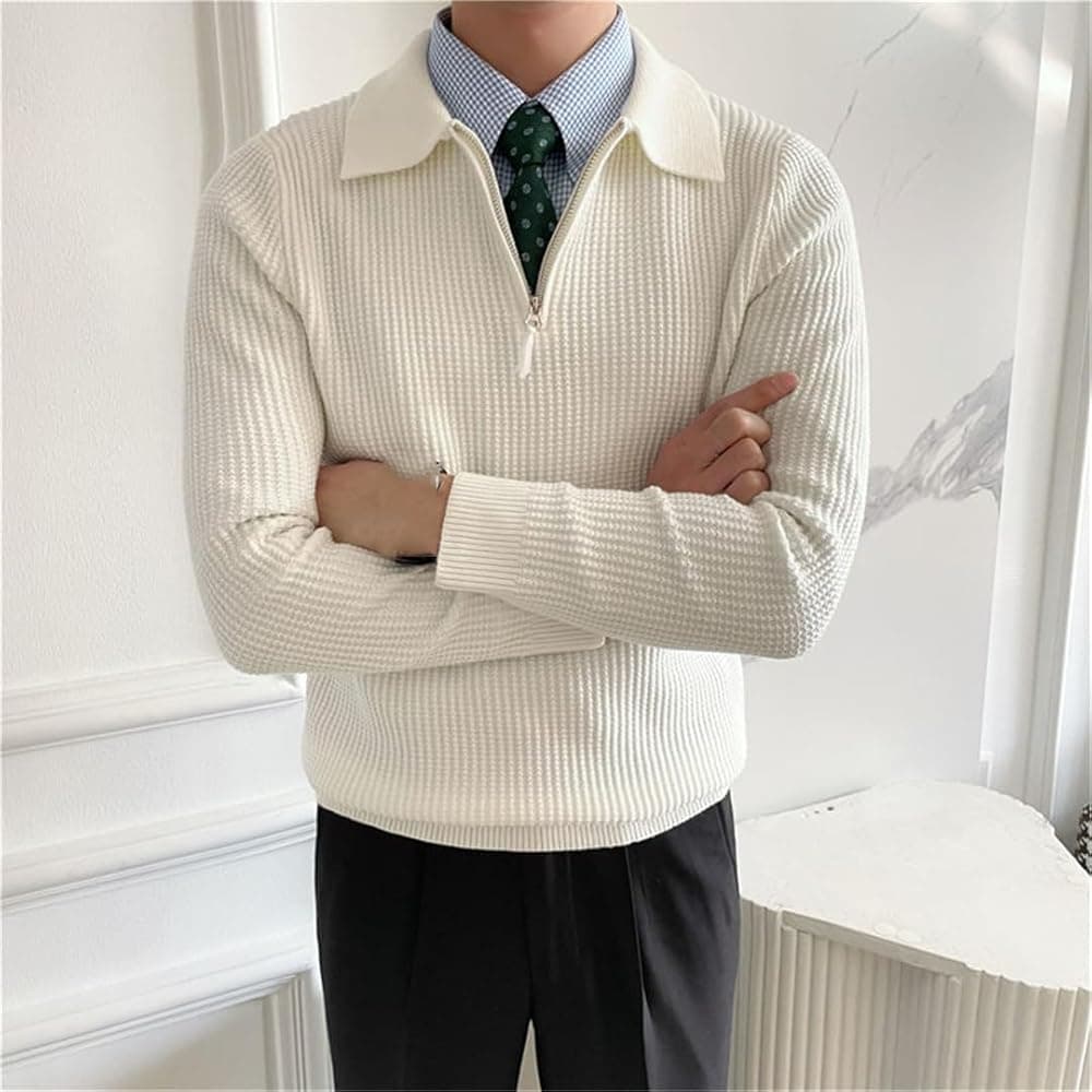 Fnfmrfmr Men's White 4/1 Zip Sweater Winter and Autumn Lapel Male Thick Knitted Warm Pullovers Black S at Amazon Men's Clothing store