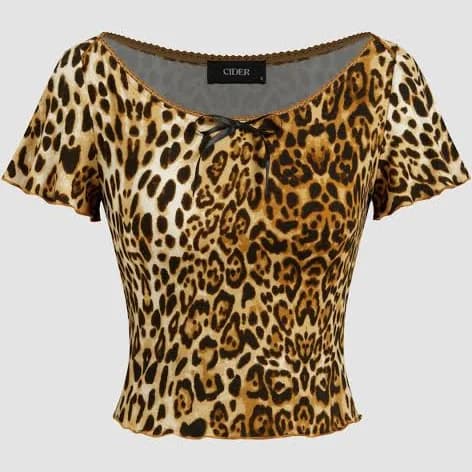 CIDER Women's Knit Fabric Boat Neckline Leopard Print Bowknot Crop Short Sleeve Tee Music Festival Live House