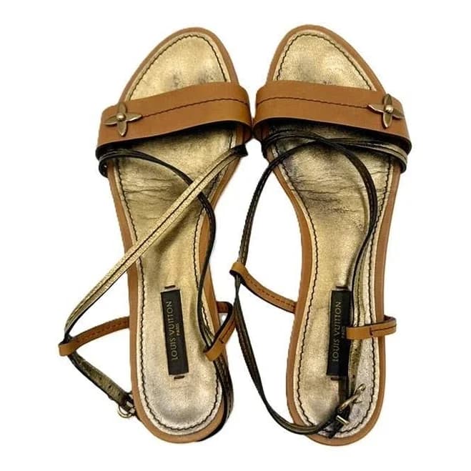 Louis Vuitton Flat Strap Sandals Brown Leather Gold Monogram Flower Eu