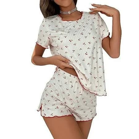 Cute Cherry Print Pajama Set with Lettuce Trim