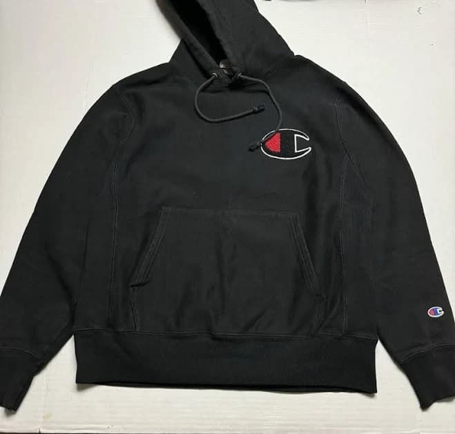 Champion Reverse Weave Hoodie In Black With Black, Red Chenille Logo
