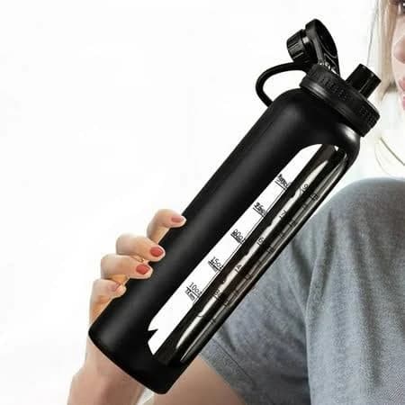 34 oz Glass Water Bottle with Time Marker, Silicone Sleeve, Handle, 2 Leakproof Lids