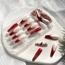 Red Press on Nails Christmas Long Fake Nails Coffin False Nails Full Cover Glossy Acrylic Nails Snowflake Elk Heart Stripes Star Nail Design Xmas French Stick on Nails for Women Girls Nail