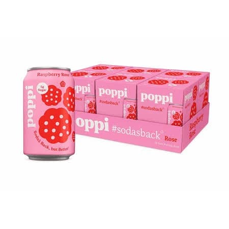 (6 pack) poppi Raspberry Rose Prebiotic Soda, 12 oz, 4 Pack Cans