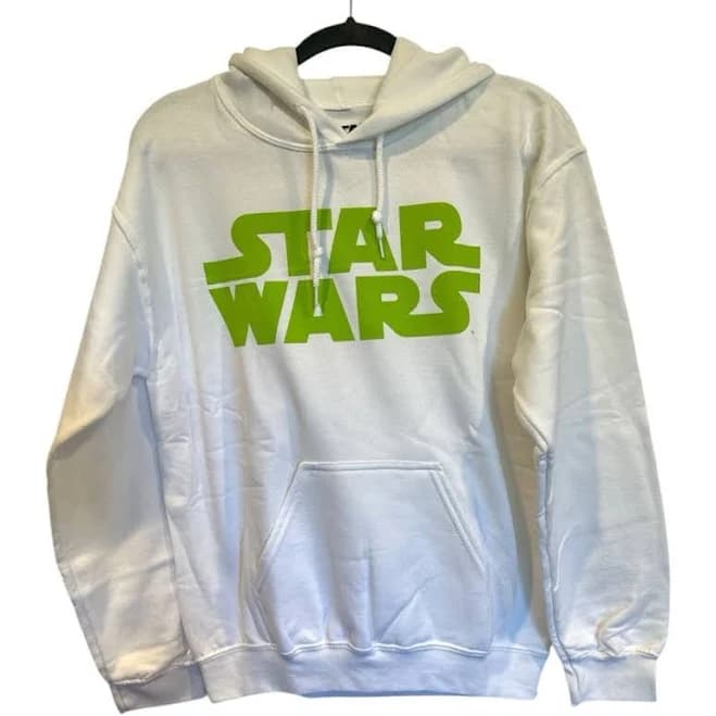 Star Wars White Hoodie Sweatshirt Logo On Front Print On Back NEW Small - Men | Color: White/Green | Size: S