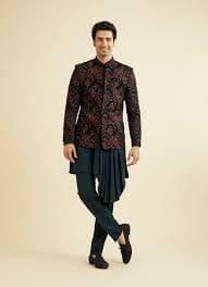 Buy Teal Green Indo Western Set with Fern Motifs in a Fish Scale Pattern Online in the USA @Manyavar - Indo Western for Men