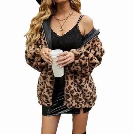 Katigan Women Leopard Print Zip Up Faux Fur Hooded Jacket Fuzzy Coat with Pockets Fall Winter Outerwear Leopard Print XL, Women's