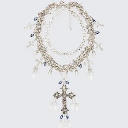 Silver Layered Cross Necklace - Pearl Chain Statement
