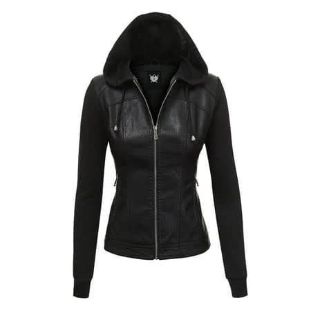 Made by Johnny Women's Faux Leather Moto Biker Jacket with Hoodie