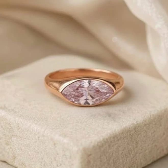 14K Rose Gold Minimalist Pink Marquise Cut Stone Dainty Statement Ring
