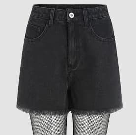 CIDER Women's Denim High Stretch Mid Waist Mini Shorts with Fishnet Tights for Party Clubbing Outfit Ensemble