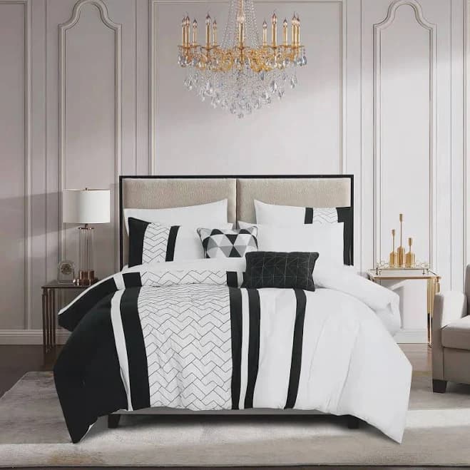 9-Piece Black & White Geometric Embroidery Comforter Set