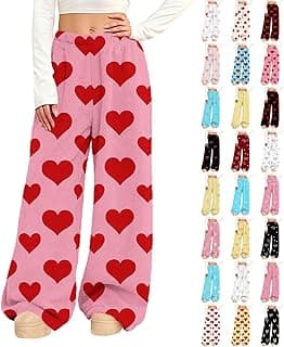 Women's Plush Valentine Pajama Pants Flannel Fuzzy Elastic Waist Wide Leg Pj Bottoms Love Heart Print Loungewear