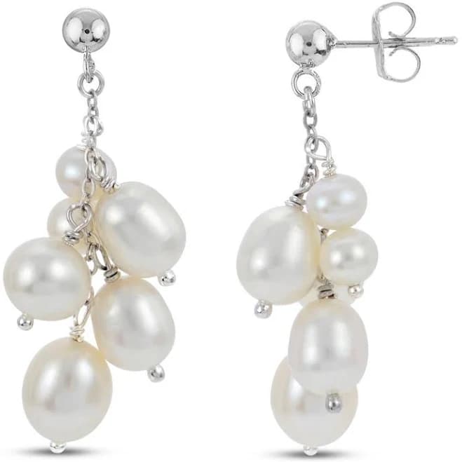 Sterling Silver Cultured Pearl Cluster Dangle Earrings