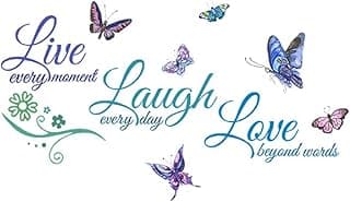 Live Laugh Love Inspirational Quotes Wall Decals Butterfly Motivational Lettering Positive Sayings DIY Sticker Vinyl Art Mural for Bedroom Living Room Nursery Decor(Blue)