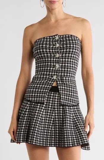 Women's Button Front Houndstooth Tube Tops Backless Strapless Dressy Bandeau Top