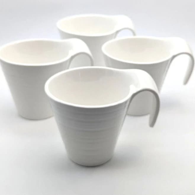 Omni Ware Ceramic White Ribbed Mugs with Open Handles Set of Four Vintage