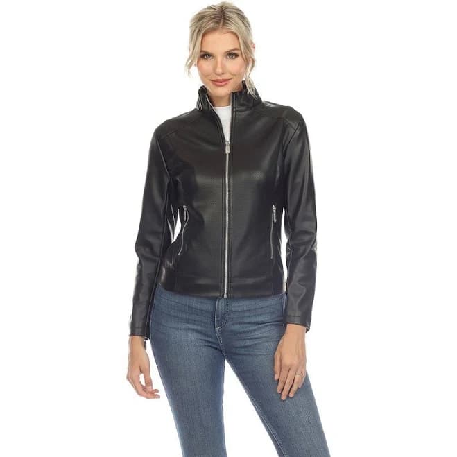 White Mark Women's Classic Faux Leather Biker Jacket