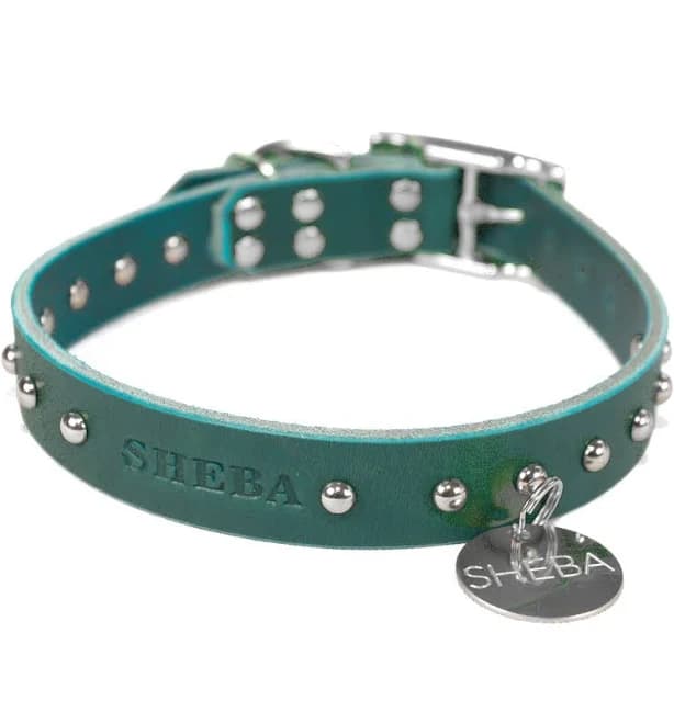 Personalized Studded Dark Teal Green Dog Collar, Nickel / Silver Tone Dome Rivets, with Stainless Steel ID Tag