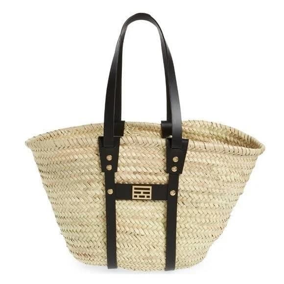 Frame Natural Woven Straw Black Leather Trim Tote Bag