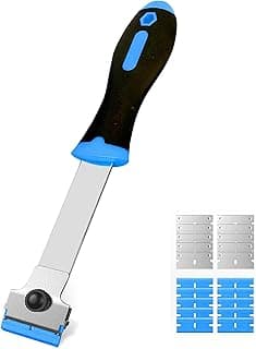 Razor Blade Scraper, Long Handle Scraper Tool with 10 Plastic and 10 Metal Blades - Ideal for Removing Labels, Stickers, Appliance Grease, and More from Windshields, Tint, and Glass (Blue)
