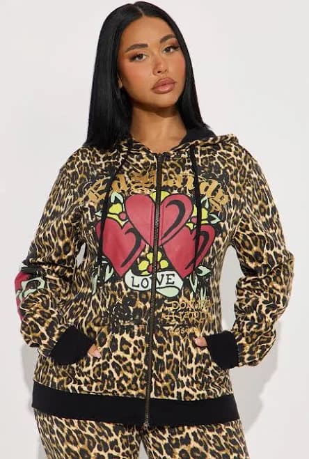 Fashion Nova Women's Ed Hardy Love Leopard Zip Up Hoodie