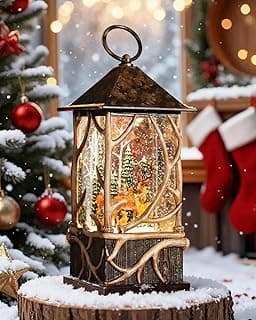 Winter Forest Reindeer Cardinals Snow Globe Lantern for Christmas Decorations, Musical and Luminous,USB or Battery Operated