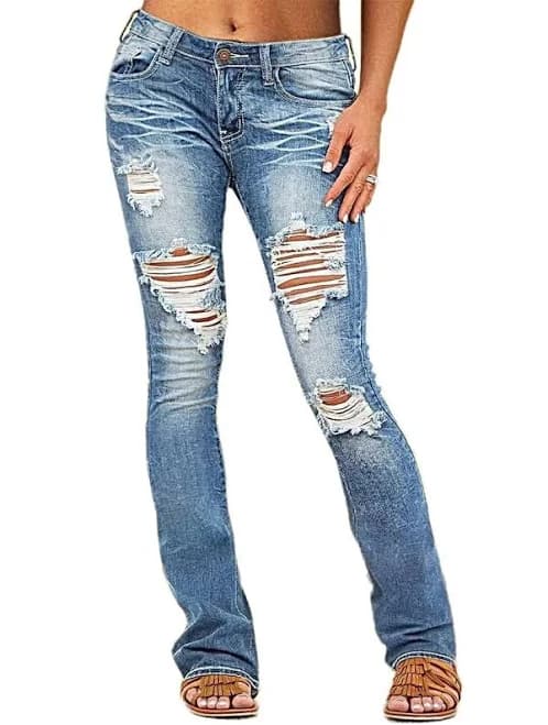 Women's Low-Waisted Stretchy Ripped Distressed Bootcut Jeans