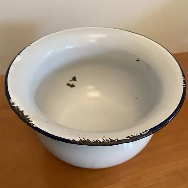 Vintage White Enamelware Porcelain Handled Bowl - Farmhouse Kitchen