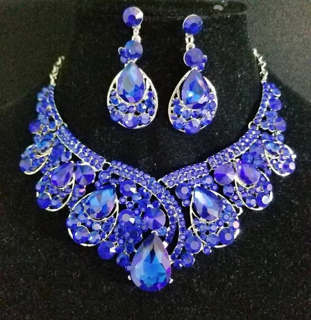 Choker Statement Necklace Earring Set Rhinestone Crystal Royal Blue