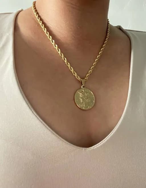 Gold Plated Rope Chain Necklace with Medallion Coin Pendant