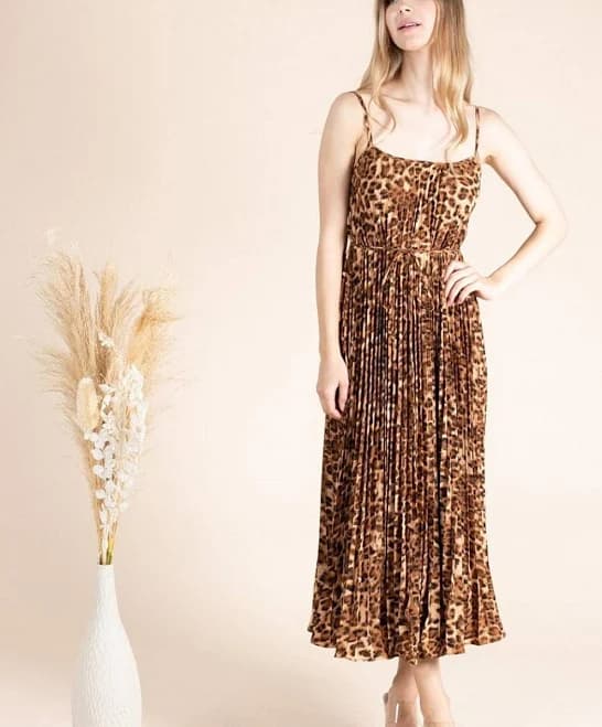 Spaghetti Strap Leopard Print Midi Dress