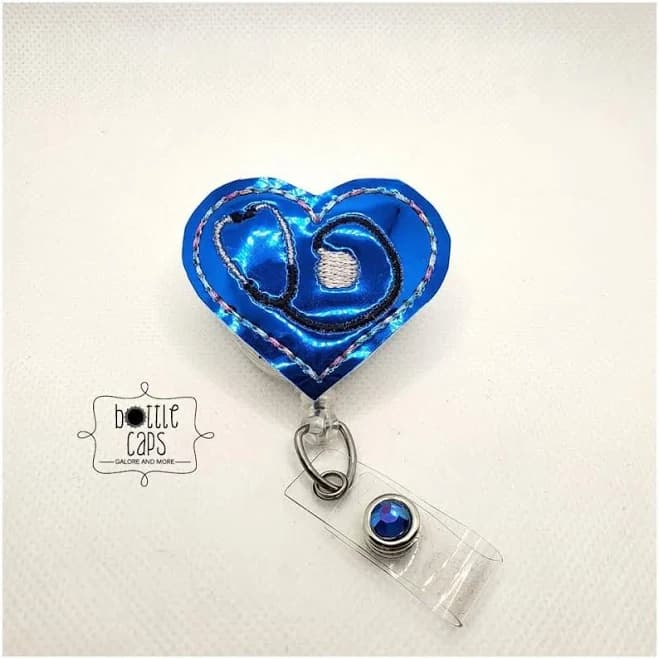 Heart Stethoscope Badge Reel: Blue Feltie Retractable Clip