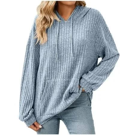 Women's Baggy Ribbed Knit Hoodie with Pocket