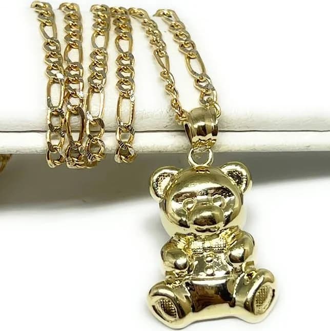 10K Solid Gold Teddy Bear Pendant Necklace with Figaro Chain