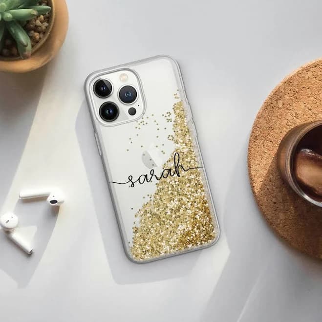 Custom Gold Liquid Glitter iPhone Case Personalized Floating Sparkle Name Case for iPhone 15 Pro max, 14, 13, 12, 11, XR, XS max, SE, 7, 8