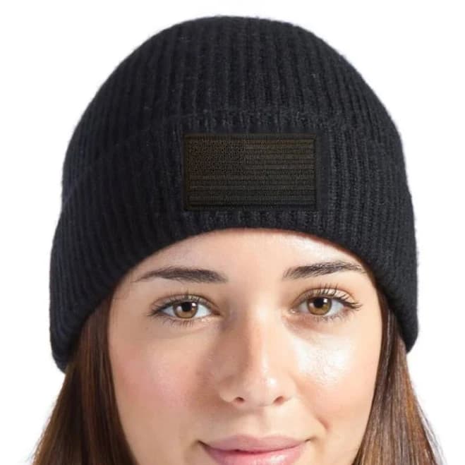American Flag Patch Ribbed Beanie Knit Hat Black