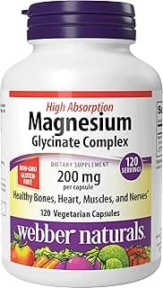 Webber Naturals Magnesium Glycinate Complex 200 mg, 120 Vegetarian Capsules, High Absorption Formula, Supports Bones, Heart, Muscles & Nerves, One-per-Day, Vegan, New Label!