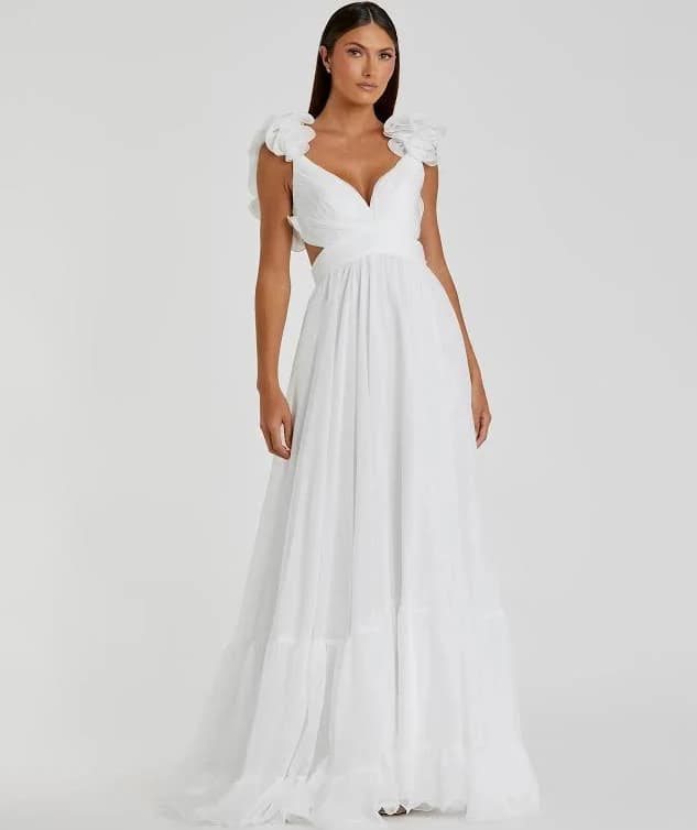 Mac Duggal Women's White Ruffle Tiered Cut-Out Chiffon Gown