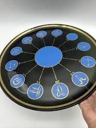 Vintage MCM Large 16” Zodiac Astrology Black Gold Blue Glass Platter Plate