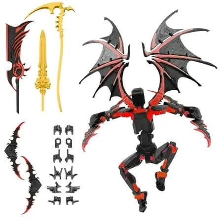 Premium Assembled Articulated Action Figure with Demon Wings Black and Gold 3D Printed Collectible Display Model Desktop Decor Red, Size: One size