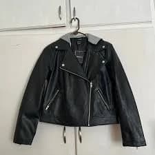 Black and heather grey jacket. Leather jacket with a soft heather grey hood.