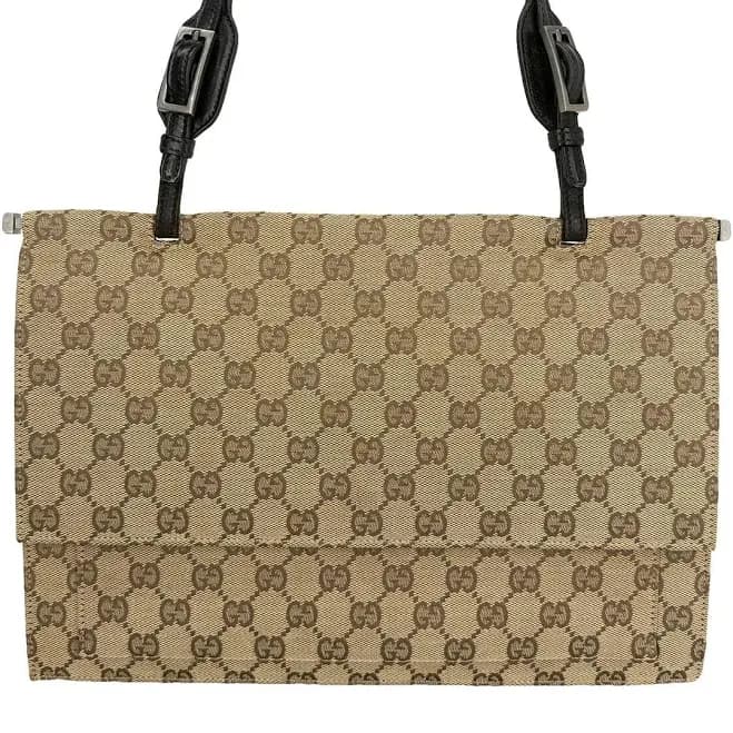 GUCCI Brown GG Monogram Canvas Shoulder Bag Leather Trim