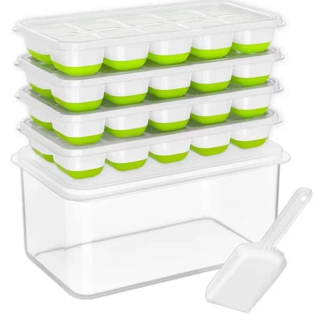 Numhew 4-Pack Green Stackable Silicone Plastic Ice Cube Tray with Lid, Scoop and Bin for Soup, Food, Cocktail and Coffee