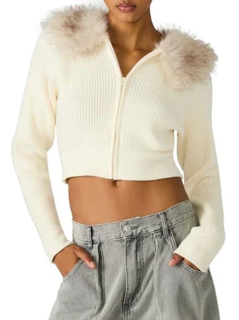 Steve Madden Women's Lysia Faux Fur Collar Sweater Jacket