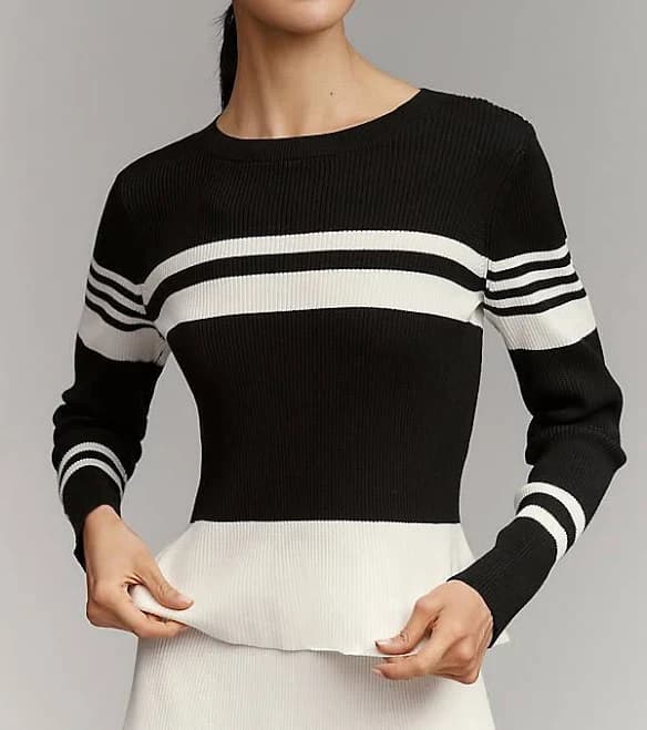 Striped Long-Sleeve Crew-Neck Sweater by Maeve in Black, Size: Medium at Anthropologie
