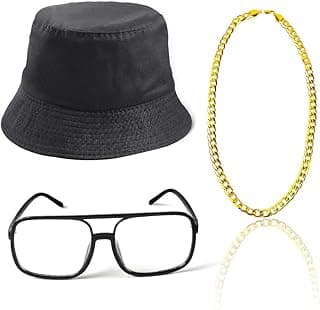 80s/90s Hip Hop Costume Kit Cool Rapper Outfits,Bucket Hat Sunglasses Gold Plated Chain