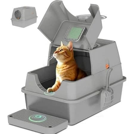 Stainless Steel Litter Box with Lid,Front Entry Top Exit Kitty LitterBox,Extra Large Enclosed Metal Cat Box with Litter Scoop & Litter Mat-Light Gray
