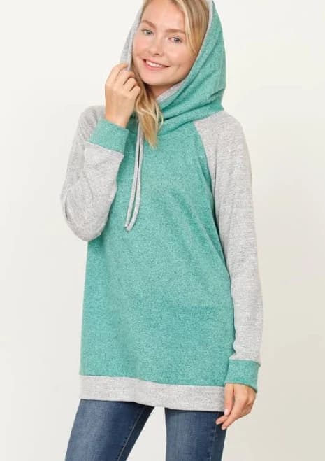 Mint Grey Two Tone Raglan Double Layered Knit Hoodie_S