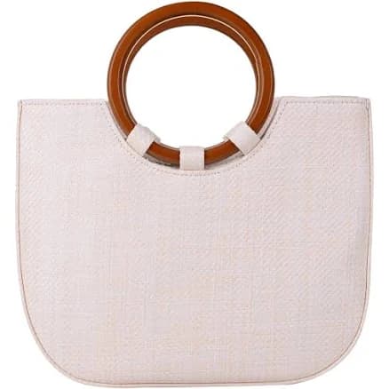 QZUnique Women's Retro Rattan Straw Handbag with Wood Round Top Handle